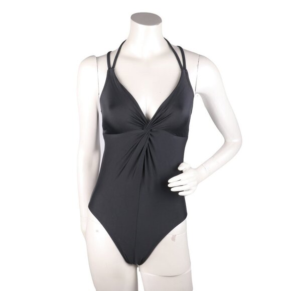 Time & Tru Open Back Swimsuit One Piece BathingSuit Halter Ruched Bust Black NEW - Picture 5 of 6